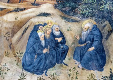 Napoli, İtalya - 10-25-2024: Keşişlerin günlük yaşamlarını gösteren Fresco (15. yüzyıl)