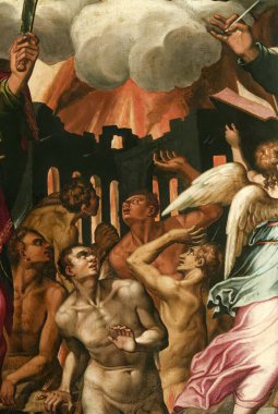 Napoli, İtalya - 10-25-2024: Ruhların Araf 'taki eski bir tablosu ruhlarının kurtuluşunu bekliyor. 