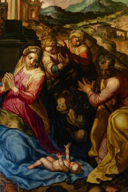 Napoli, İtalya - 10-28-2024: Bakire Meryem, Aziz Joseph ve İsa 'nın Bebek Doğumu Sahnesi. 