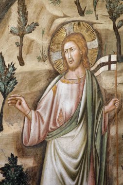 Napoli, İtalya - 10-28-2024: İsa 'nın dirilişinin Fresco' su (13-14. yüzyıl).