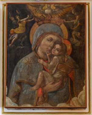 Consenza, İtalya - 11-02-2024: Kutsal Bakire Meryem 'in Tablosu (18. yüzyıl) Bebek İsa' yı kollarında tutuyor.