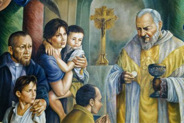 Torre del Greco, İtalya - 11-03-2024: Pietrelcina Aziz Padre Pio 'nun Tablosu (20. yüzyıl).