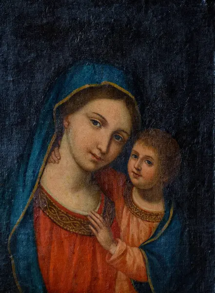 Napoli, İtalya - 10-24-2024: Kutsal Bakire Meryem 'in 19. yüzyılda bebek İsa' yı kollarında tutan resmi