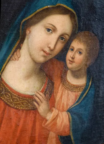 Napoli, İtalya - 10-24-2024: Kutsal Bakire Meryem 'in 19. yüzyılda bebek İsa' yı kollarında tutan resmi.