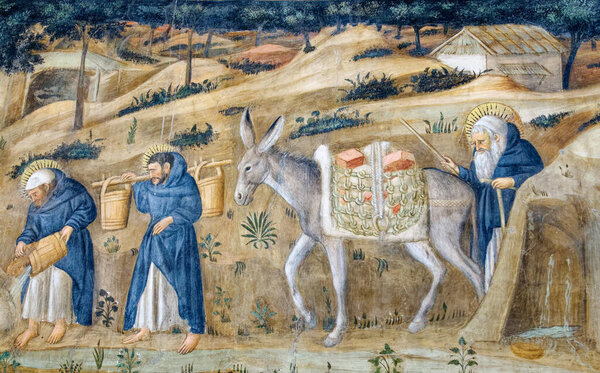 Naples, ITALY - 10-25-2024: Fresco (15th century) showing the daily life of monks