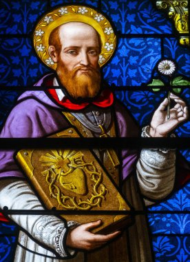 Mer, FRANCE - 01-25-2025: Aziz Yusuf 'un lekeli camı (19. yüzyıl) ve genç İsa Chris. 