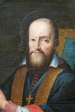 Annecy, FRANCE - 08-08-2024: St. Francis de Sales 'in (18. yüzyıl) ya da Saint Franois de Sales' in resmi. Aziz ve Katolik Kilisesi Doktoru. Ziyaret Tarikatı 'nın Kurucusu.
