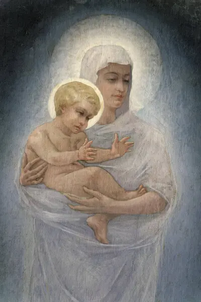 Annonay, FRANCE - 07-13-2024: Kutsal Bakire Meryem 'in 19. yüzyılda bebek İsa' yı kollarında tutan resmi.