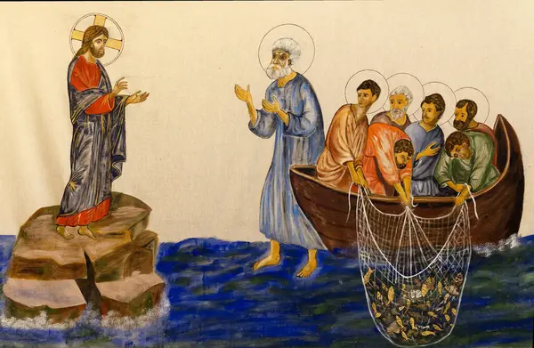 Lapeyrouse Mornay, FRANCE - 07-13-2024: İsa Mucizesi 'nin 20. yüzyıl ikonu: Mucizevi balıkçılık.