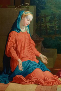 Paris, FRANCE - 09-11-2024: Kutsal Bakire Meryem 'e Bildirim Yapımı. 