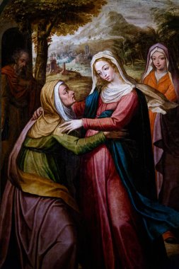 Paris, FRANCE - 09-13-2024: Hamile kuzeni Elizabeth 'e Eski Bakire Meryem Ziyareti tablosu.