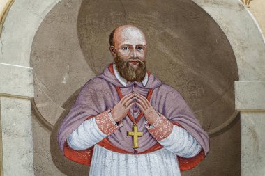 Vailly, FRANCE - 09-30-2024: St. Francis de Sales 'in Fresco' su veya Saint Francois de Sales. Aziz ve Katolik Kilisesi Doktoru. Kutsal Meryem 'i Ziyaret Tarikatı' nın kurucusu.).