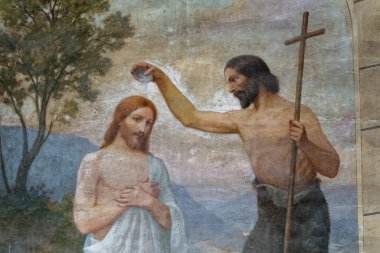 Senan, FRANCE - 10-15-2024: Ürdün nehrinde Vaftizci Yahya tarafından yapılan İsa 'nın Vaftizinin (18. yüzyıl) resmi.