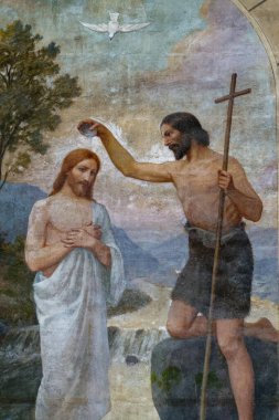 Senan, FRANCE - 10-15-2024: Ürdün nehrinde Vaftizci Yahya tarafından yapılan İsa 'nın Vaftizinin (18. yüzyıl) resmi.