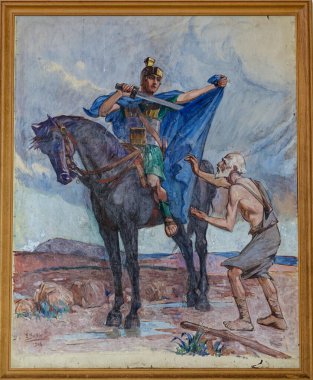 Collomiers, FRANCE - 10-15-2024: Turist Aziz Martin 'in bir dilenci için pelerininin bir parçasını kesmesi (1914). Roma Katolik Kilisesi 'nin azizi.. 