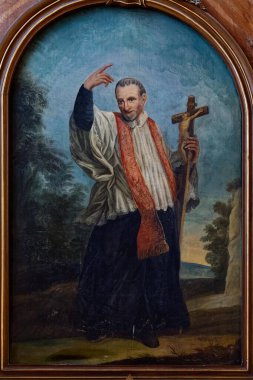 Auxerre, FRANCE - 10-16-2024: Saint Vincent de Paul 'un resmi (19. yüzyıl). Roma Katolik Kilisesi 'nin azizi.