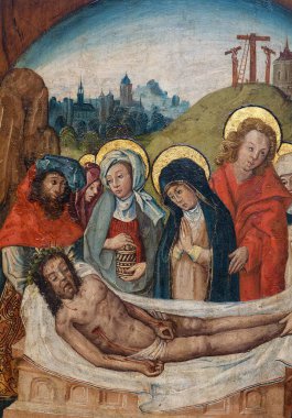 Paris, FRANCE - 10-19-2024: Pieta 'nın Tablosu. Kutsal Bakire Meryem, çarmıhtaki ifadesinden sonra İsa 'nın bedenini taşıyor.