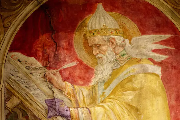 Paris, FRANCE - 09-11-2024: Gregorian ilahisinin mucidi olduğu kabul edilen Büyük Aziz Gregory 'nin (19. yüzyıl) Fresco.