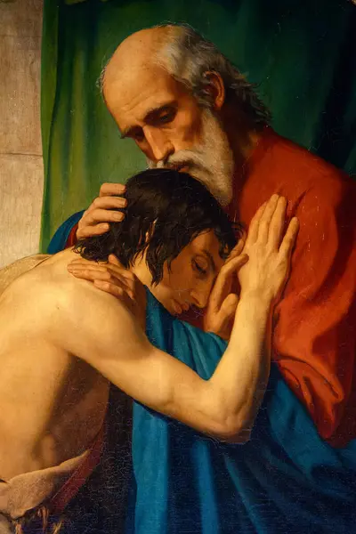 Paris, FRANCE - 09-13-2024: İsa 'nın eski bir tablosu: Müsrif çocuğun dönüşü.