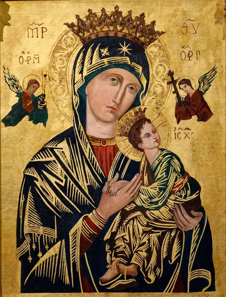 Paris, FRANCE - 09-13-2024: Kutsal Bakire Meryem 'in İkonası Bebek İsa' yı kollarında tutuyor