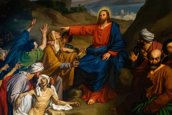 Paris, FRANCE - 09-15-2024: Hasta ve yaralıları iyileştiren İsa Mesih 'in resmi. İncil 'in mucizeleri.