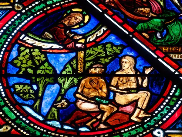 Sens, FRANCE - 10-15-2024: Adem ve Havva 'nın 16. yüzyıldan kalma lekeli camları. 