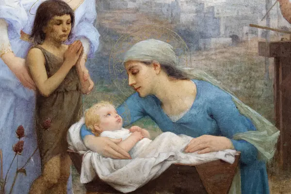 Senan, FRANCE - 10-15-2024: Bakire Meryem ve İsa 'nın bebeğiyle Noel Doğumu Sahnesi (19. yüzyıl). 