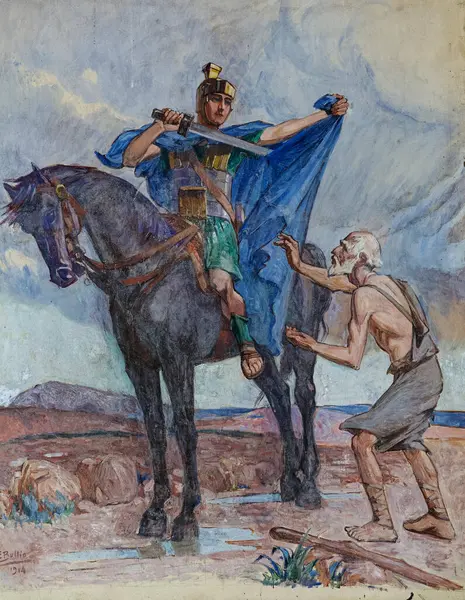 Collomiers, FRANCE - 10-15-2024: Turist Aziz Martin 'in bir dilenci için pelerininin bir parçasını kesmesi (1914). Roma Katolik Kilisesi 'nin azizi.. 