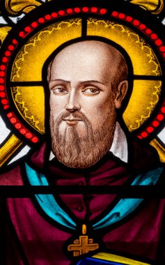 Marcellaz, Fransa - 03-28-2025: St. Francis de Sales veya Saint Francois de Sales 'in lekeli camları. Katolik Kilisesi 'nin doktoru, Ziyaret Tarikatı' nın kurucusu..