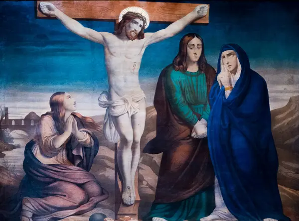 La Tour, Fransa - 03-28-2025: The Way of the Cross 'un resmi (20. yüzyılın başları). 12. istasyon: İsa çarmıhta öldü. 