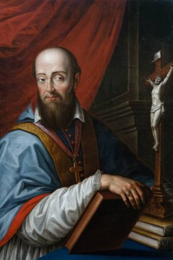 Annecy, FRANCE - 10-05-2023: St. Francis de Sales veya Saint Francois de Sales 'in resmi (19. yüzyıl). Katolik Kilisesi 'nin doktoru, Ziyaret Tarikatı' nın kurucusu..