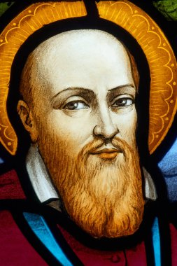 Saint Jean de Sixt, FRANCE - 05-21-2024: Franois de Sales, St. Francis de Sales 'in lekeli camları (19. yüzyıl) veya Saint Francois de Sales. Katolik Kilisesi 'nin doktoru, Ziyaret Tarikatı' nın kurucusu..