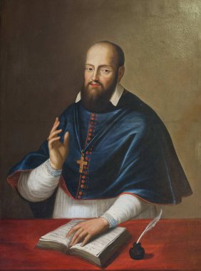 Cenevre, SUISSE - 05-30-2024: St. Francis de Sales 'in (19. yüzyıl) resmi. Katolik Kilisesi 'nin doktoru, Ziyaret Tarikatı' nın kurucusu..