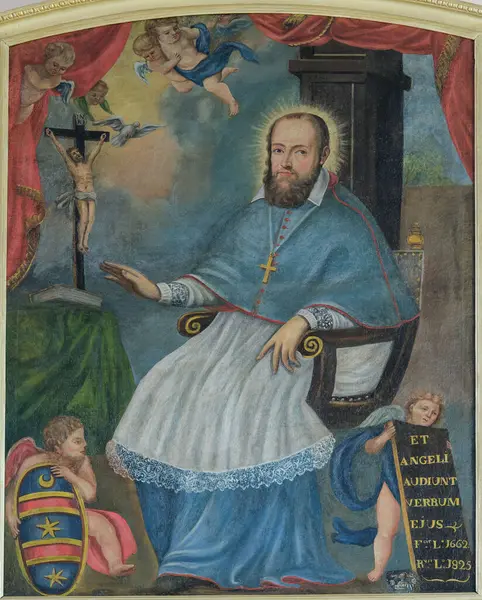 Alex, FRANCE - 10-14-2023: St. Francis de Sales veya Saint Francois de Sales 'in resmi (19. yüzyıl). Katolik Kilisesi 'nin doktoru, Ziyaret Tarikatı' nın kurucusu..
