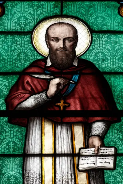 Cenevre, SUISSE - 05-30-2024: Franois de Sales, St. Francis de Sales 'in lekeli camları (19. yüzyıl) veya Saint Francois de Sales. Katolik Kilisesi 'nin doktoru, Ziyaret Tarikatı' nın kurucusu..