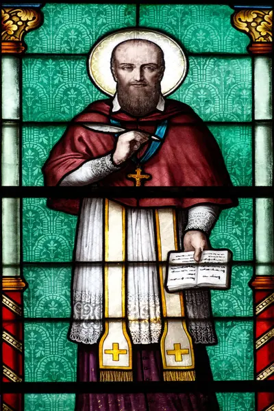 Cenevre, SUISSE - 05-30-2024: Franois de Sales, St. Francis de Sales 'in lekeli camları (19. yüzyıl) veya Saint Francois de Sales. Katolik Kilisesi 'nin doktoru, Ziyaret Tarikatı' nın kurucusu..