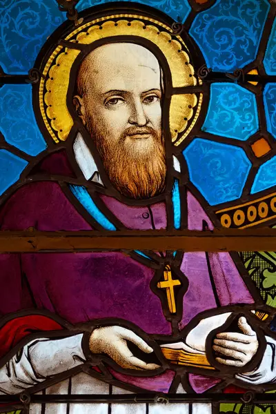 Alby Sur Cheran, FRANCE - 06-05-2024: Saint Francis de Sales veya Saint Francois de Sales 'in lekeli camları (19. yüzyıl). Katolik Kilisesi 'nin doktoru, Ziyaret Tarikatı' nın kurucusu..