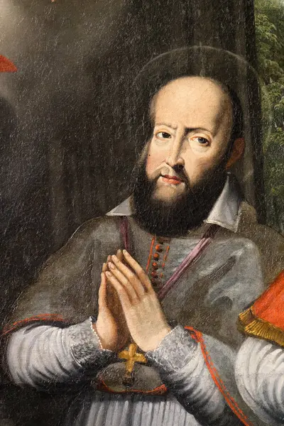 Veyrier-du-Lac - FRANCE - 06-11-2024: St. Francis de Sales 'in (19. yüzyıl) resmi. Katolik Kilisesi 'nin doktoru, Ziyaret Tarikatı' nın kurucusu..