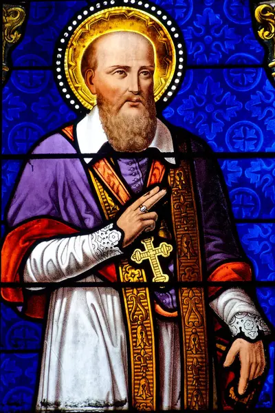 Annecy, FRANCE - 07-03-2024: St. Francis de Sales 'in lekeli camları ve bir güvercin. Katolik Kilisesi 'nin Aziz ve Doktoru