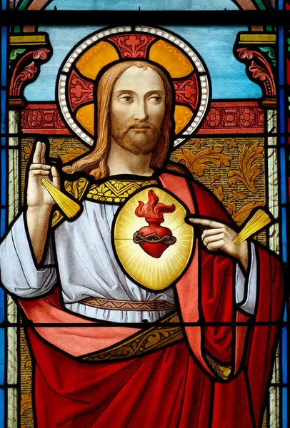 Annecy, FRANCE - 07-03-2024: St. Francis de Sales 'in lekeli camları ve bir güvercin. Katolik Kilisesi 'nin Aziz ve Doktoru