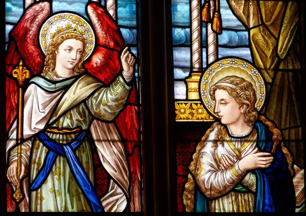 Annecy, FRANCE - 07-03-2024: St. Francis de Sales 'in lekeli camları ve bir güvercin. Katolik Kilisesi 'nin Aziz ve Doktoru