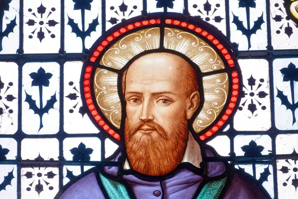 Mesigny, FRANCE - 07-11-2024: St. Francis de Sales 'in lekeli camları (19. yüzyıl), Aziz ve Katolik Kilisesi Doktoru. Kutsal Meryem Tarikatı 'nın kurucusu.
