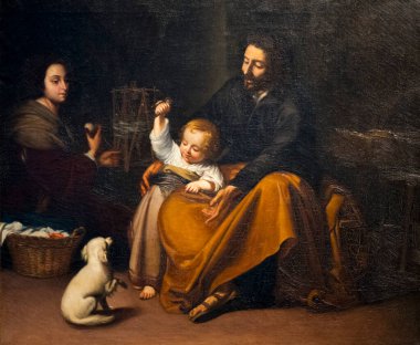 San Sebatian, İspanya - 04-23-2025: Kutsal ailenin resmi (19. yüzyıl): Küçük bir köpekle oynayan İsa bebek