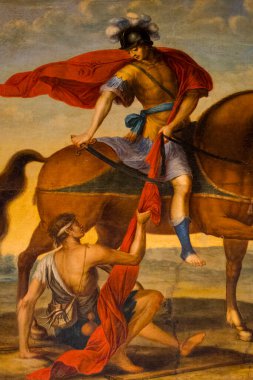 Saint Jean de Luz, Fransa - 04-23-2025: Turist Aziz Martin 'in bir dilenci için pelerininin bir parçasını kesen resmi (19. yüzyıl). Roma Katolik Kilisesi 'nin azizi..