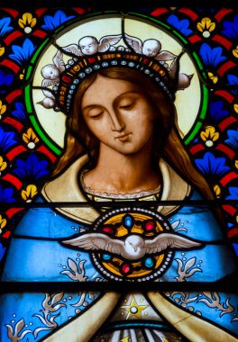 Myans, Fransa - 03-31-2025: The Immaculate Heart of Mary 'nin lekeli camları (19. yüzyıl).