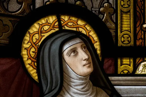 Myans, Fransa - 03-31-2025: St. Margaret Mary Alacoque veya Saint Marguerite Marie Alacoque 'un lekeli camları (19. yüzyıl). İsa 'nın Kutsal Kalbi' ne adanmışlığı teşvik eden ziyaretçi rahibe.