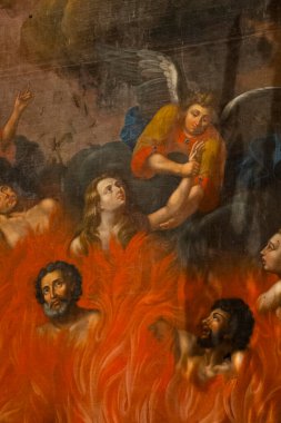 Lectoure, Fransa - 05-01-2025: Araf ateşinde ruhlarının kurtuluşunu bekleyen ruhların resmi (19. yüzyıl)