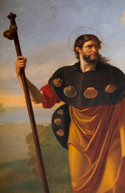 Eauze, Fransa - 05-01-2025: Büyük Saint James veya Saint Jacques de Compostelle 'in resmi (19. yüzyıl). Katolik Kilisesi 'nin azizi ve havarisi..