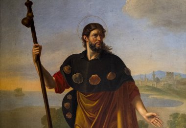 Eauze, Fransa - 05-01-2025: Büyük Saint James veya Saint Jacques de Compostelle 'in resmi (19. yüzyıl). Katolik Kilisesi 'nin azizi ve havarisi..