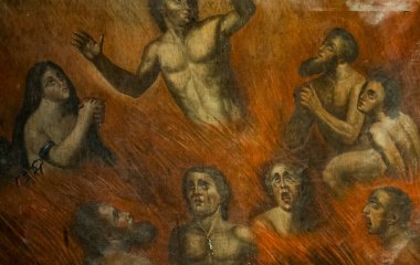Montreal du Gers, Fransa - 05-01-2025: Araf ateşinde ruhlarının kurtuluşunu bekleyen ruhların resmi (19. yüzyıl)